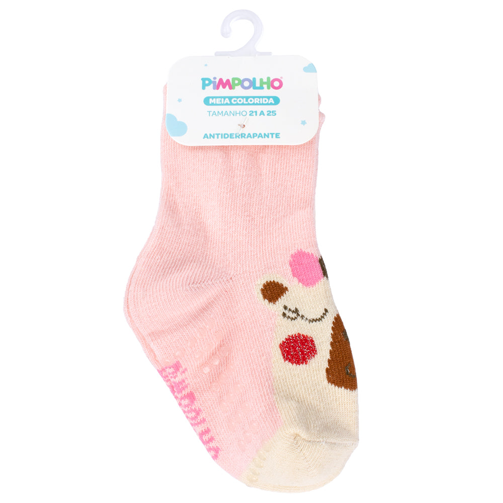 Meia Antiderrapante Bebê Menina 21-25 Rosa Urso - Pimpolho