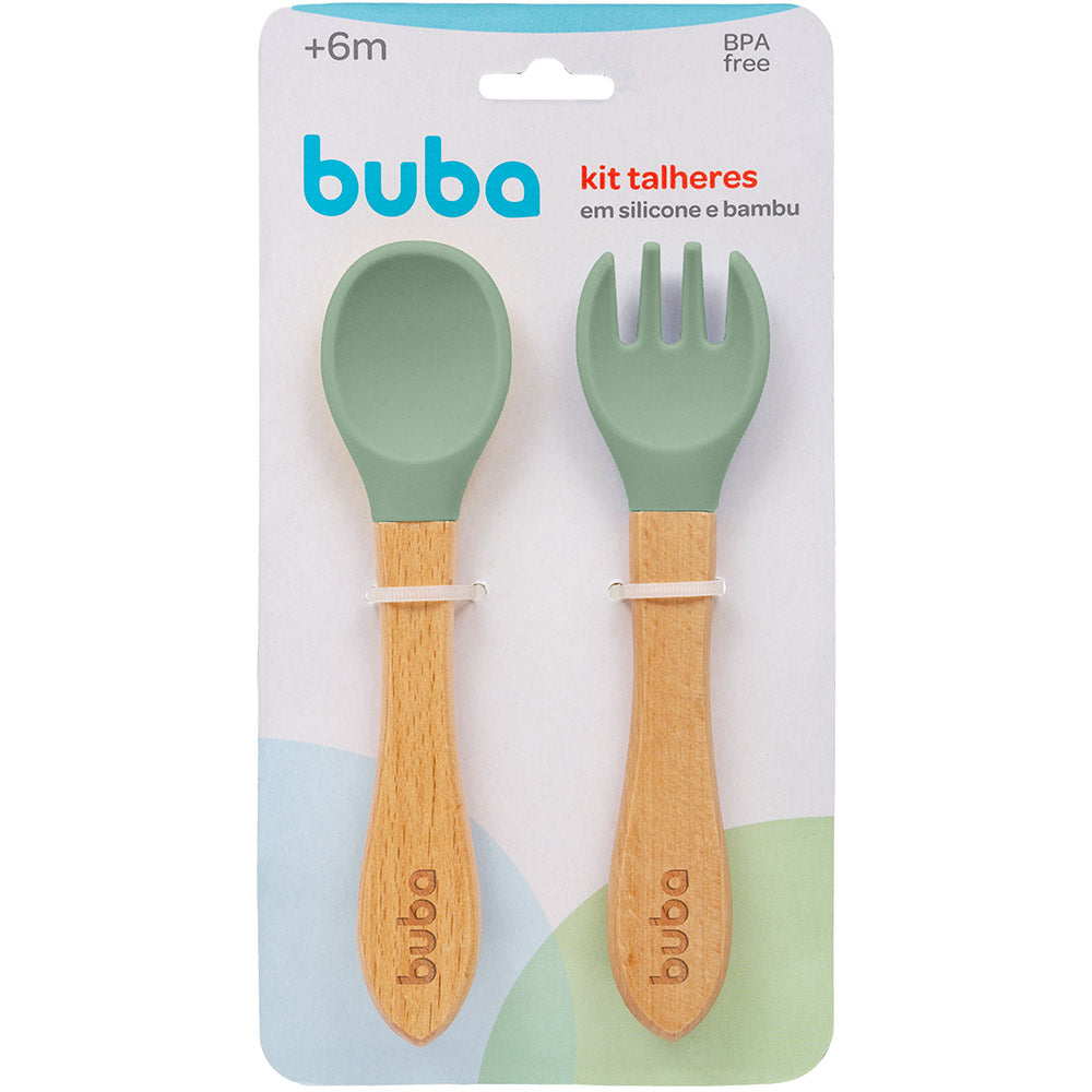 Kit Talher Infantil Colher Garfo Silicone e Bambu - Buba