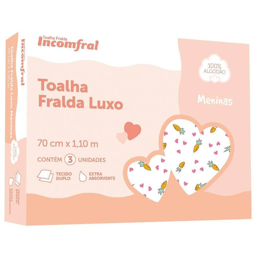 Toalha Fralda Luxo Estampada Menina Caixa com 03 unidades - Incomfral