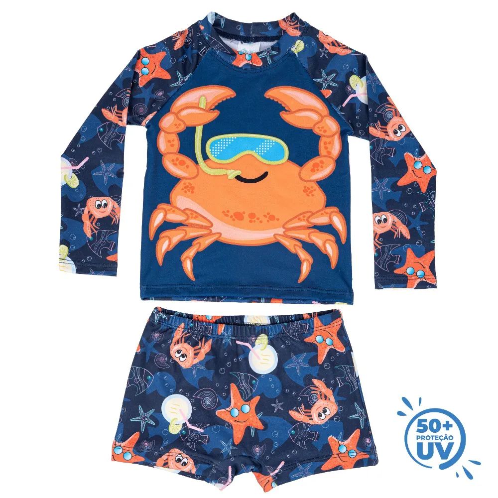 Conjunto Camiseta e Sunga Boxer C/ Proteção UV 50+ Caranguejo - Everly