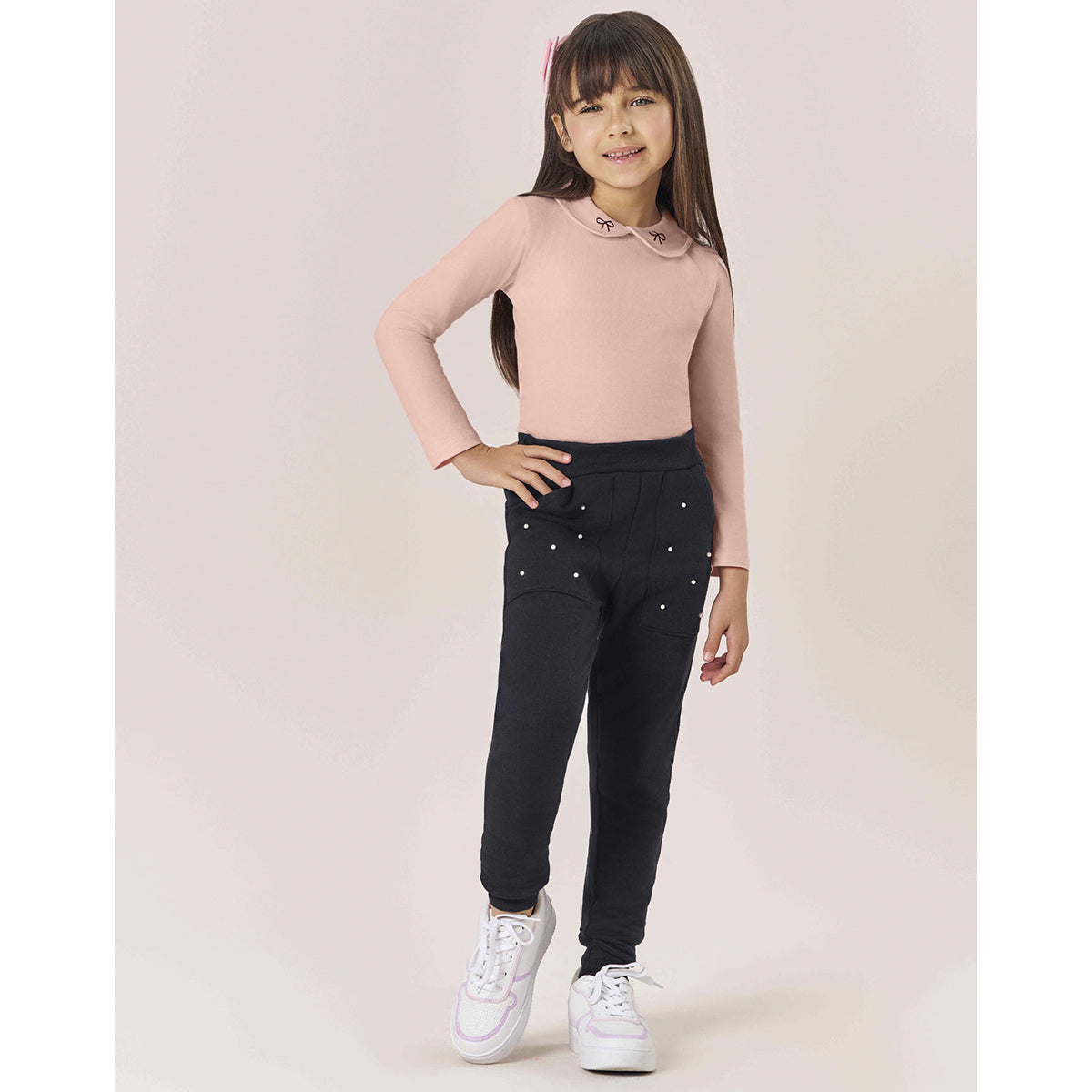 Blusa Infantil Manga Longa Cotton Gola Bordada - Kiko e Kika