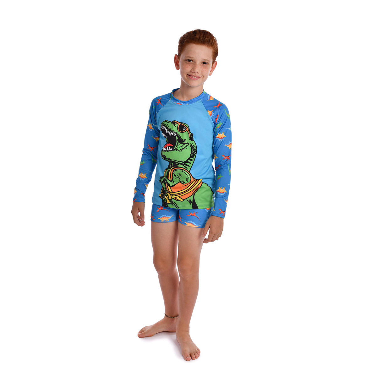 Camiseta Blusa Infantil C/ Proteção UV 50+ Dino Azul - Everly