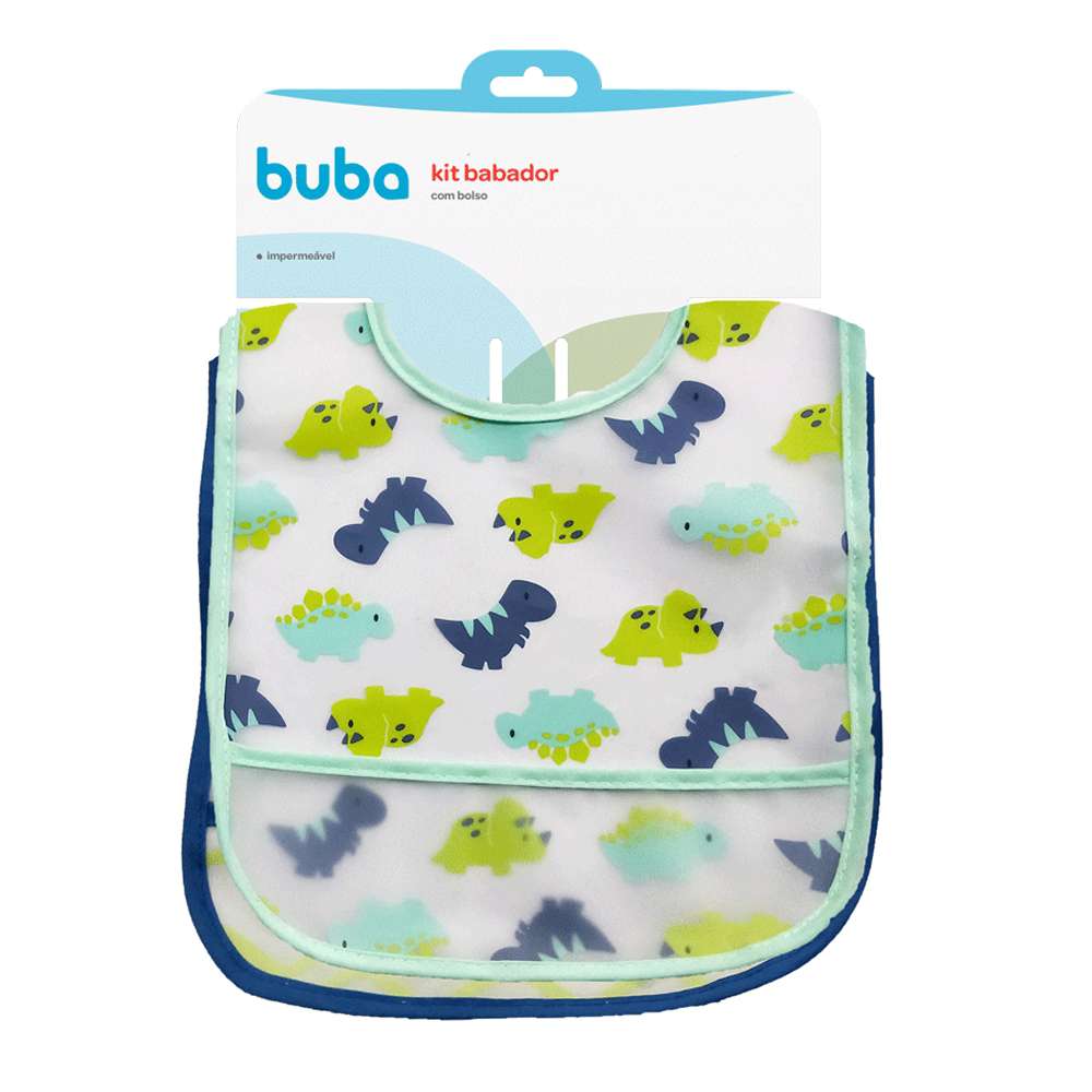 Kit 2 Babadores Com Bolso Pega Migalhas Dino (3+ Meses) - Buba