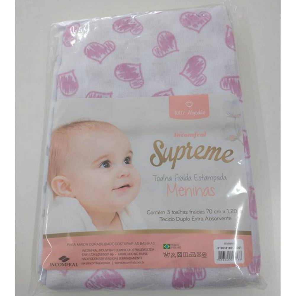Toalha Fralda Supreme Estampada 3 Unidades 70CM x 1,20M Menina - Incomfral