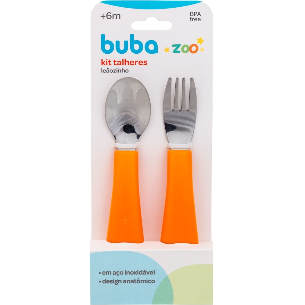 Kit Talher Bebê Colher e Garfo Buba Zoo Laranja - Buba