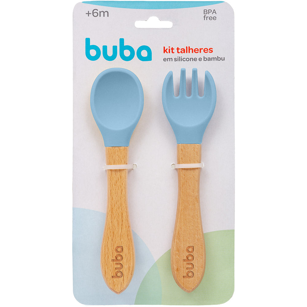 Kit Talher Infantil Colher Garfo Silicone e Bambu - Buba