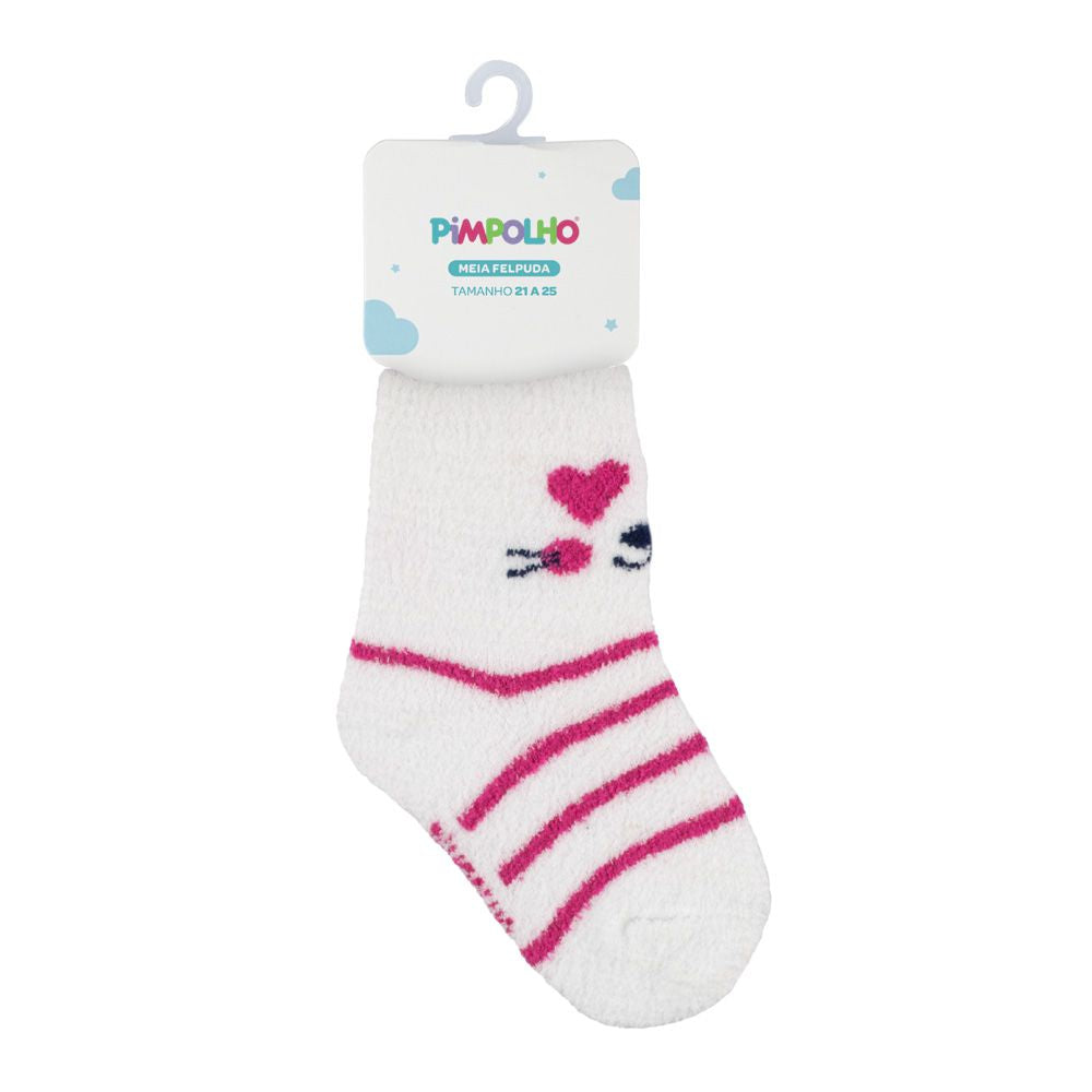 Meia Felpuda Bebê Menina 21-25 Branca Gatinha - Pimpolho