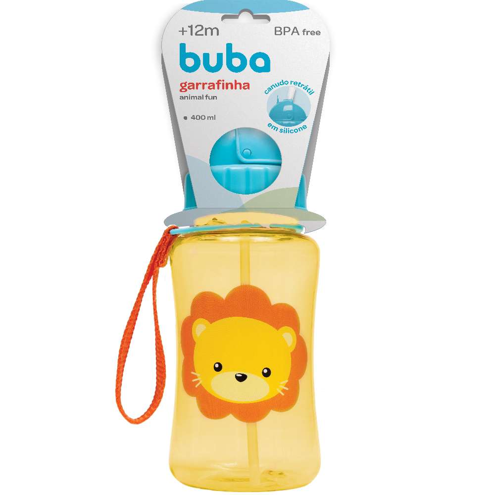 Garrafa Infantil Canudo 400ml Animal Fun Leão - Buba