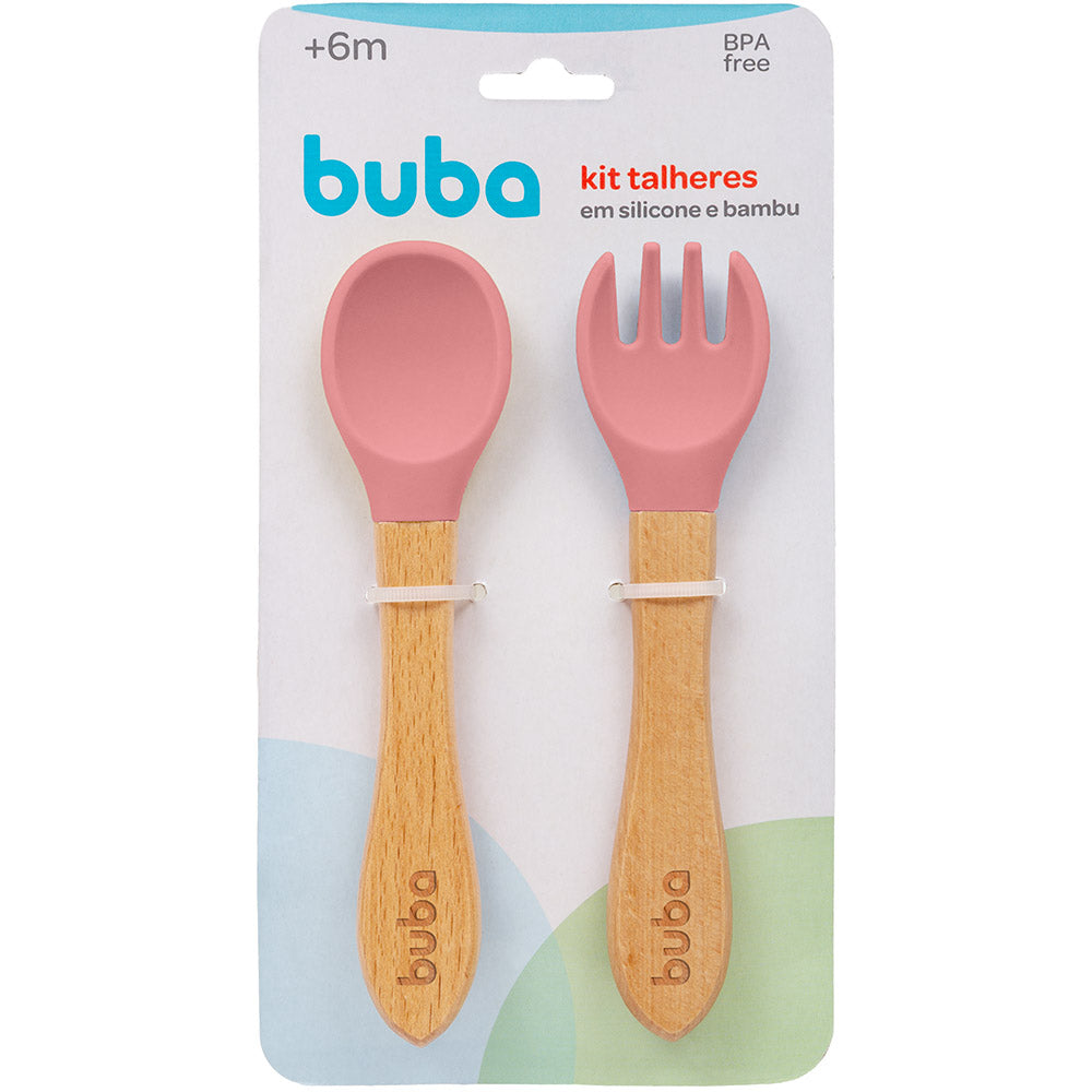 Kit Talher Infantil Colher Garfo Silicone e Bambu - Buba