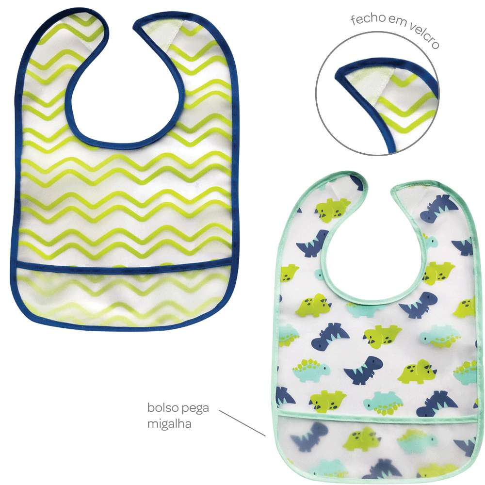 Kit 2 Babadores Com Bolso Pega Migalhas Dino (3+ Meses) - Buba