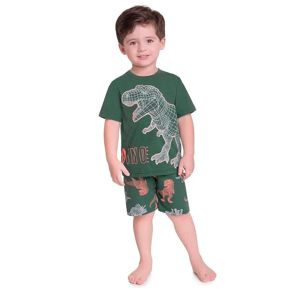 Pijama Infantil Menino Brilha no Escuro Dinossauro Verde - Kyly