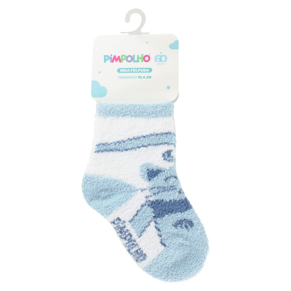 Meia Felpuda Bebê Menino 16-20 Azul Gato - Pimpolho