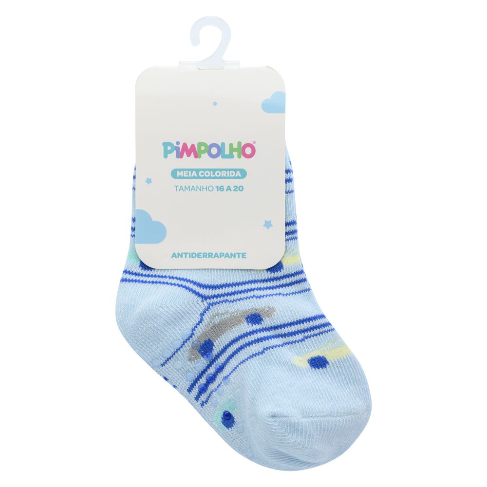 Meia Antiderrapante Bebê Menino 16-20 Azul Carros - Pimpolho