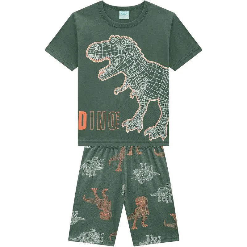 Pijama Infantil Menino Brilha no Escuro Dinossauro Verde - Kyly