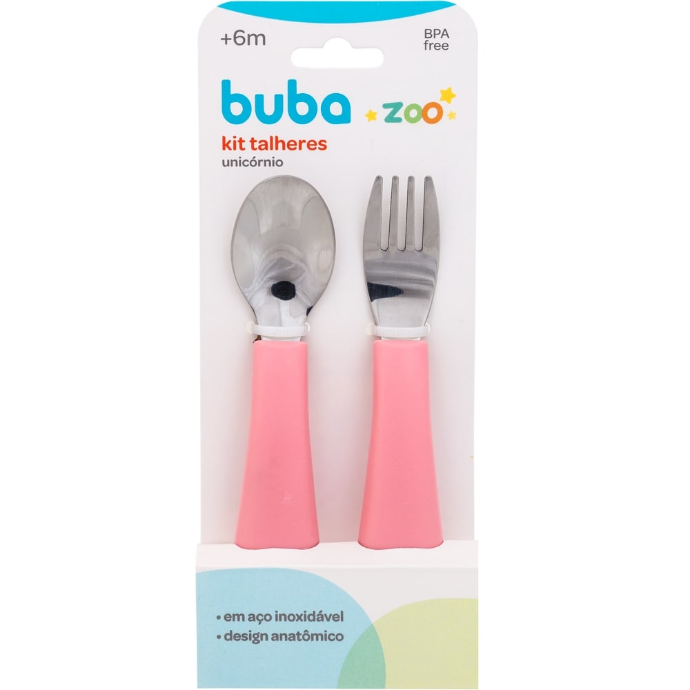 Kit Talher Bebê Colher e Garfo Buba Zoo Rosa - Buba