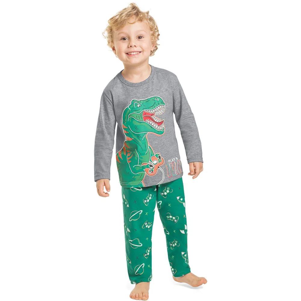 Pijama Infantil em Meia Malha Brilha no Escuro Cinza Dino - Kyly