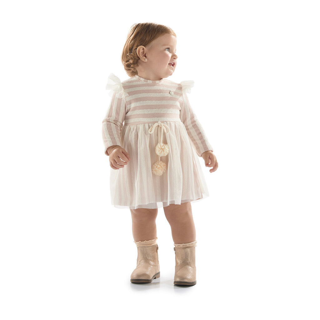Vestido Bebê Manga Longa Malha Listrada e Tule - Kiki Xodó