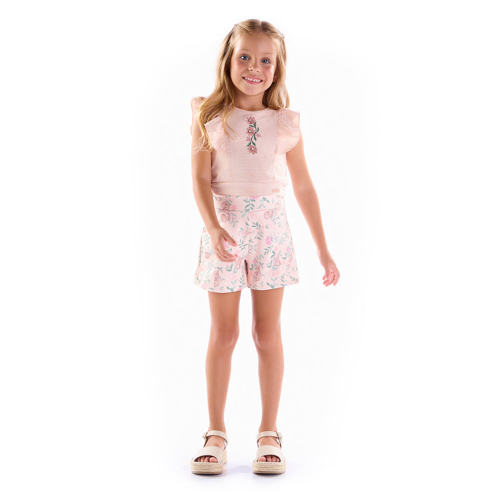 Conjunto Infantil Blusa e Short Jacquard Flores - Kiki Xodó