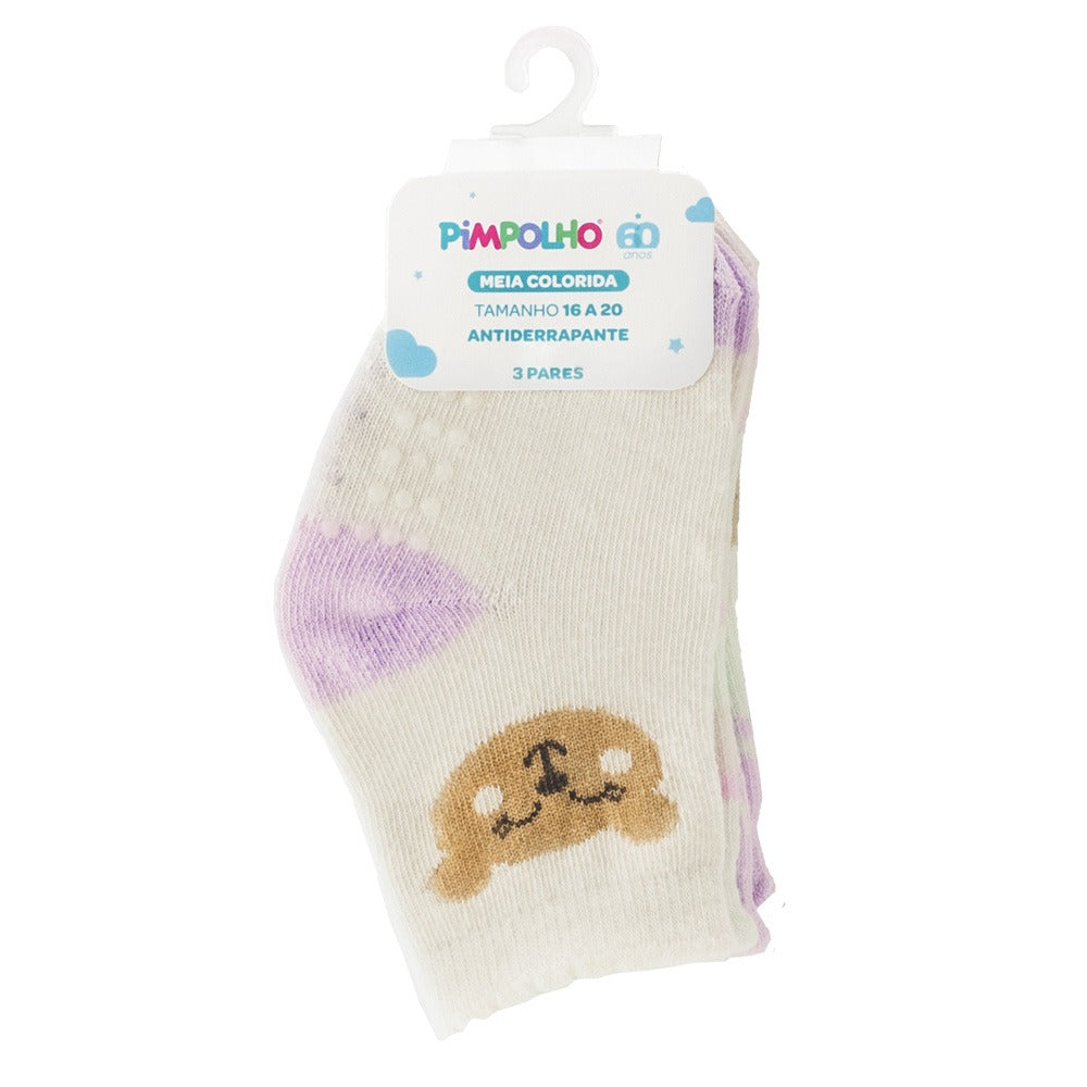 Kit 3 Pares Meia Antiderrapante Menina 16-20 Urso - Pimpolho