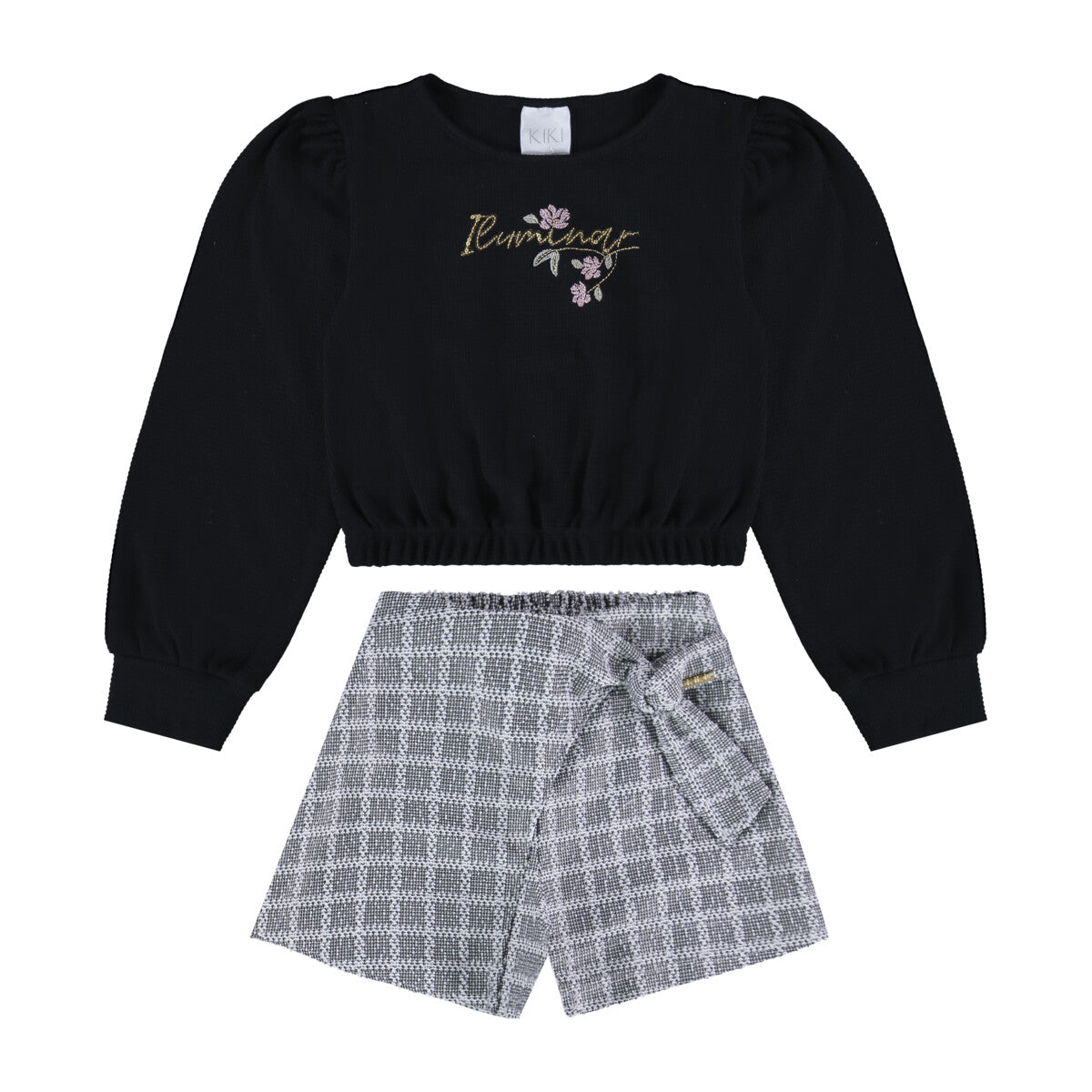 Conjunto Infantil Blusa Floral e Short Tweed - Kiki Xodó