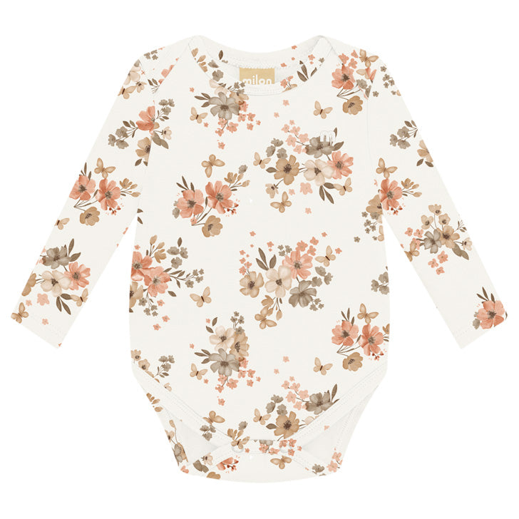 Body Manga Longa Bebê Menina em Cotton Flores - Milon