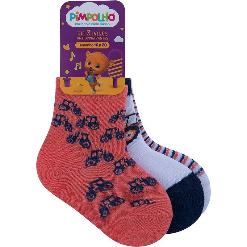 Kit 3 Pares Meia Antiderrapante Menino 16-20 Trator - Pimpolho