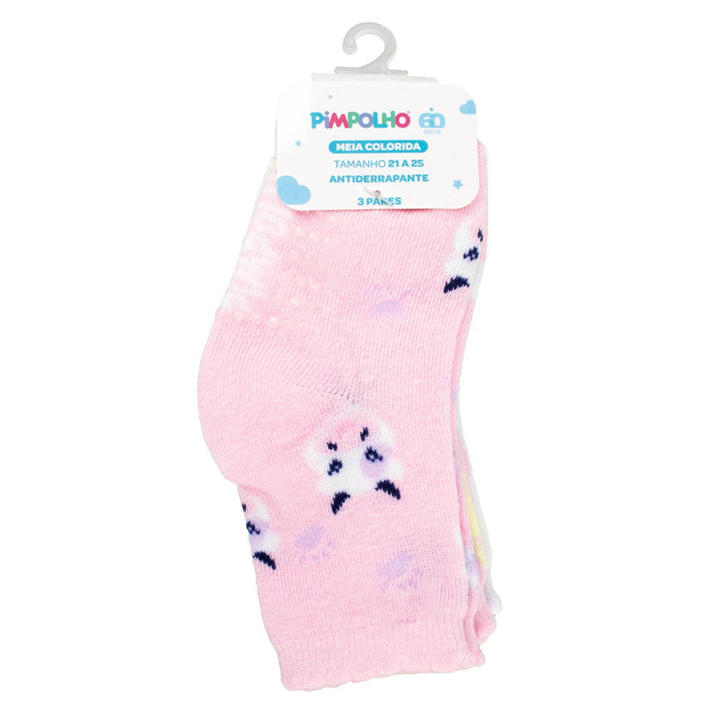 Kit 3 Pares Meia Antiderrapante Menina 21-25 Vaquinha - Pimpolho