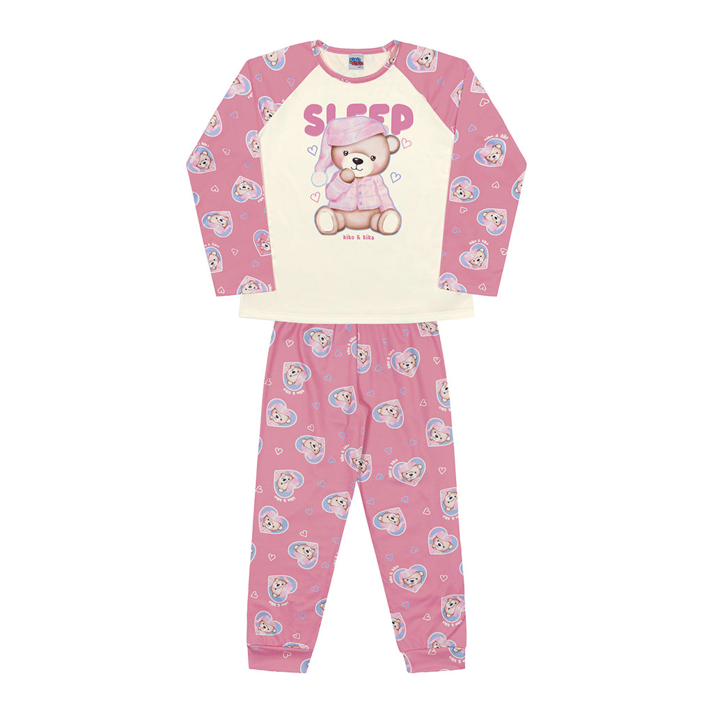 Pijama Infantil Menina em Malha Peluciada Urso - Kiko e Kika