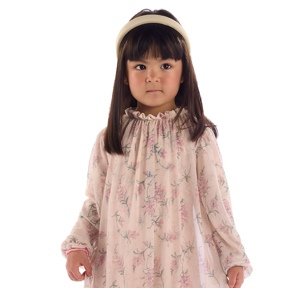 Vestido Infantil Manga Longa Floral Tule - Kiki Xodó