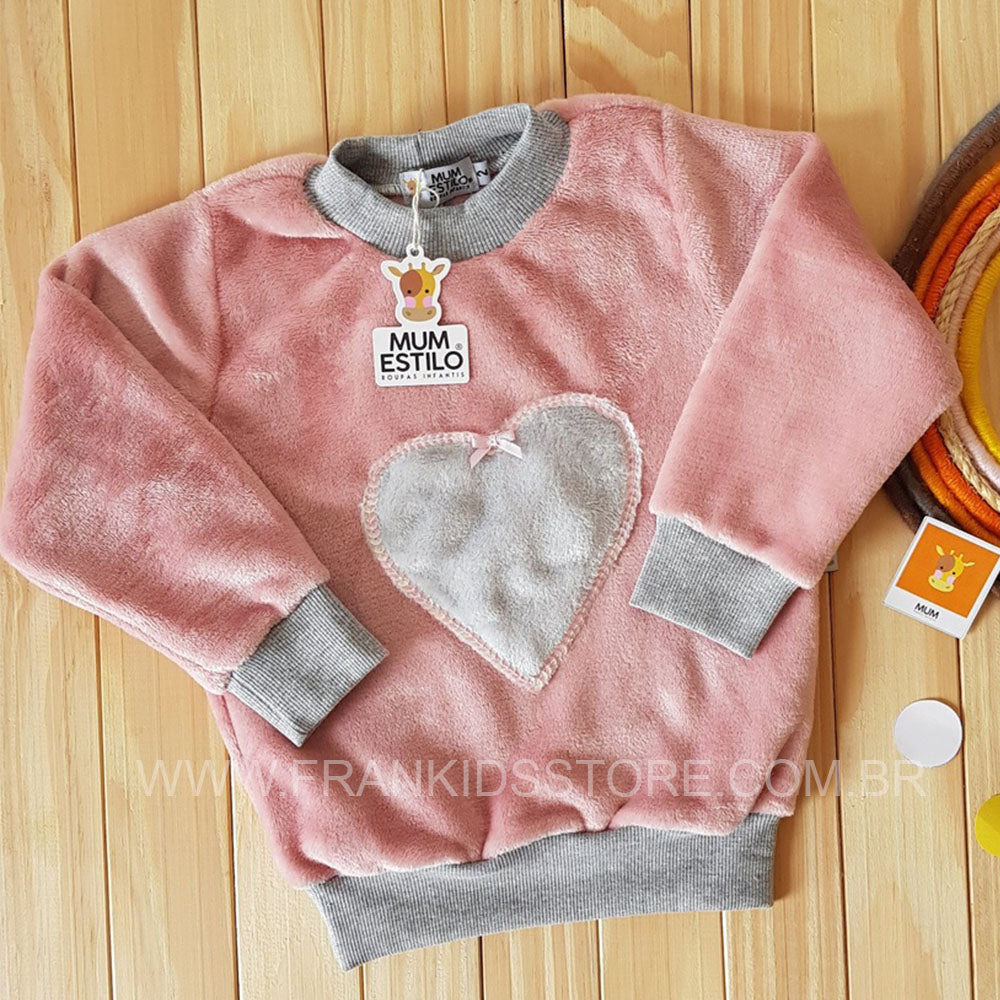 Blusão em Fleece Infantil Rosa Coração - MUM