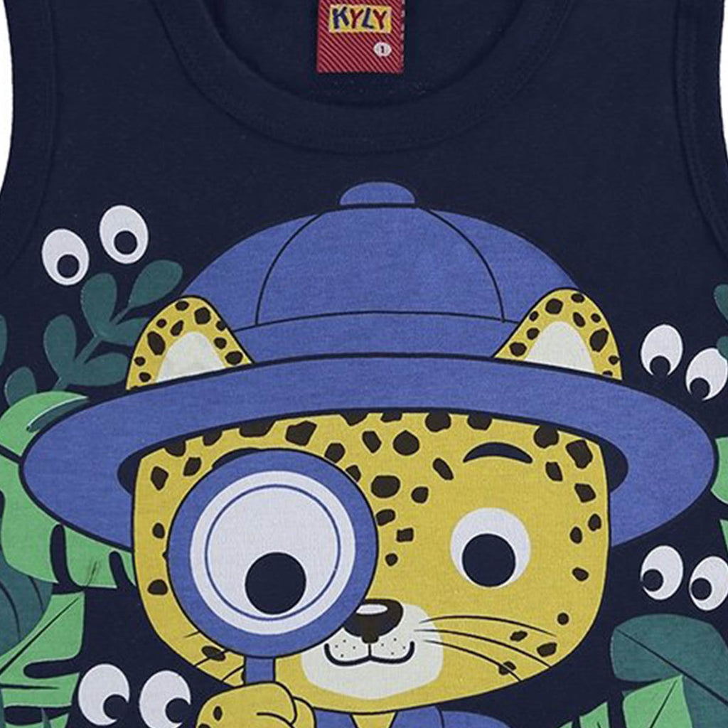 Regata Menino Estampada Tigre e Folhagens Marinho - Kyly