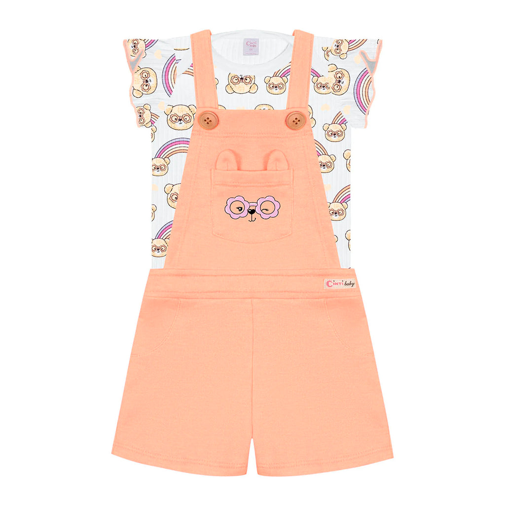 Conjunto Bebê Menina Blusa Ursinha e Jardineira Neon - Cinti