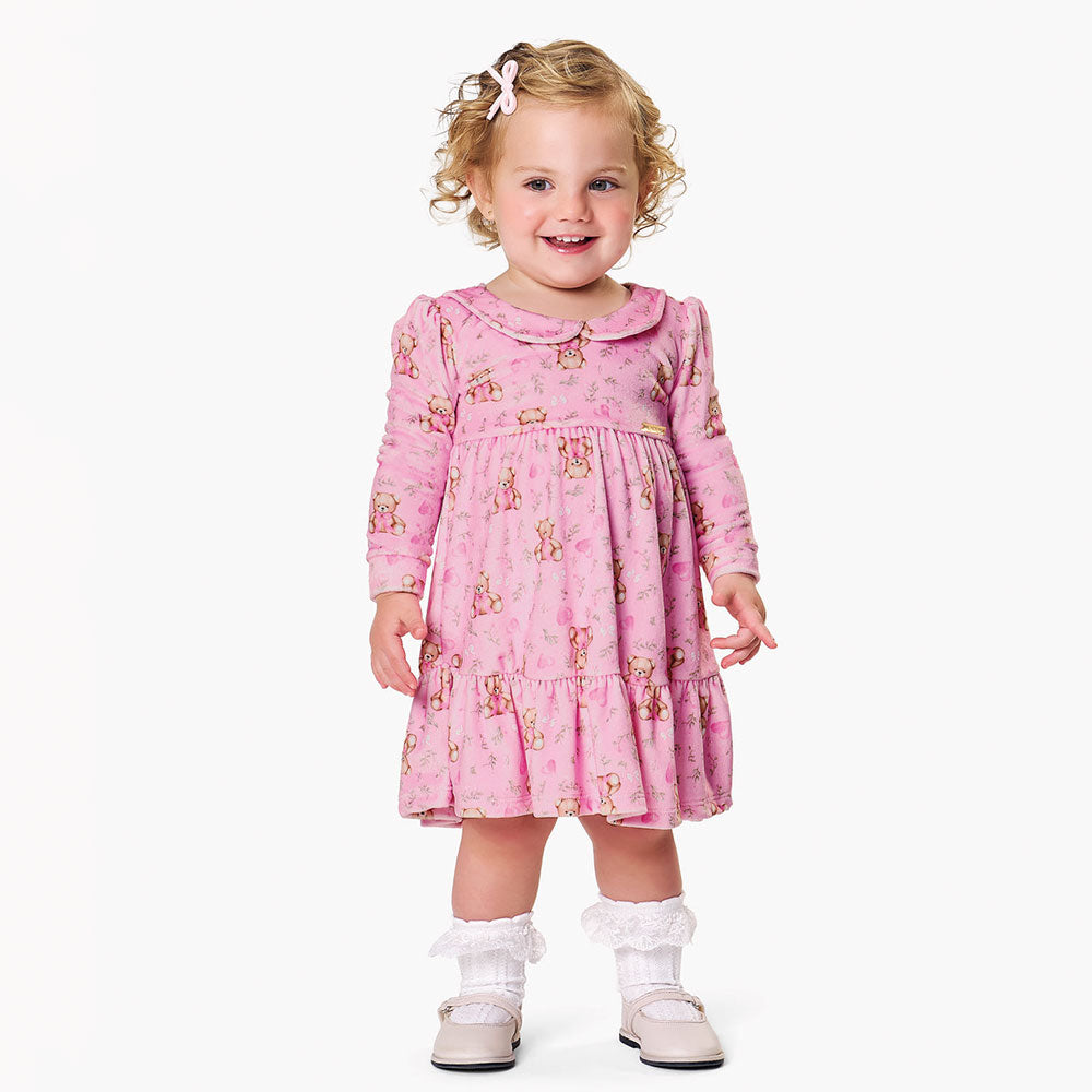 Vestido Bebê em Plush Com Gola Ursinhos - Kiko e Kika