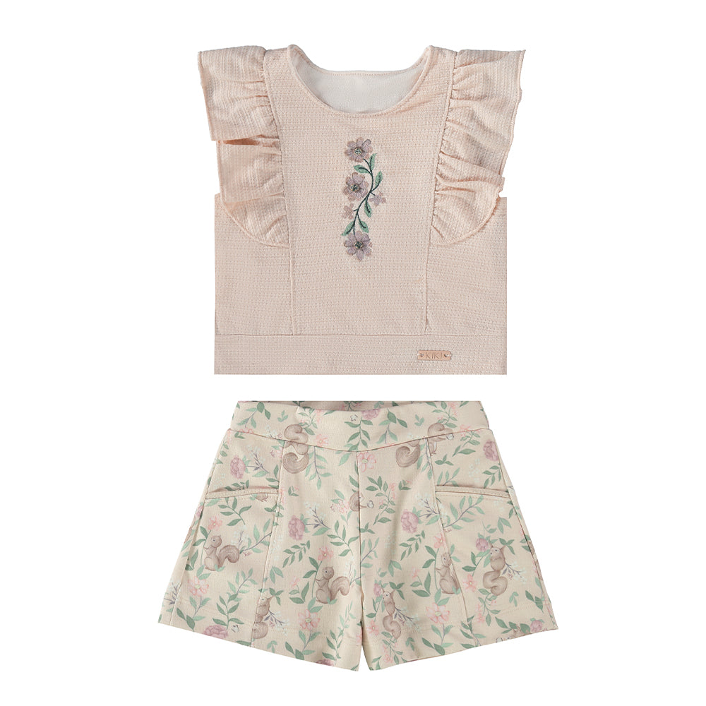 Conjunto Infantil Blusa e Short Jacquard Flores - Kiki Xodó