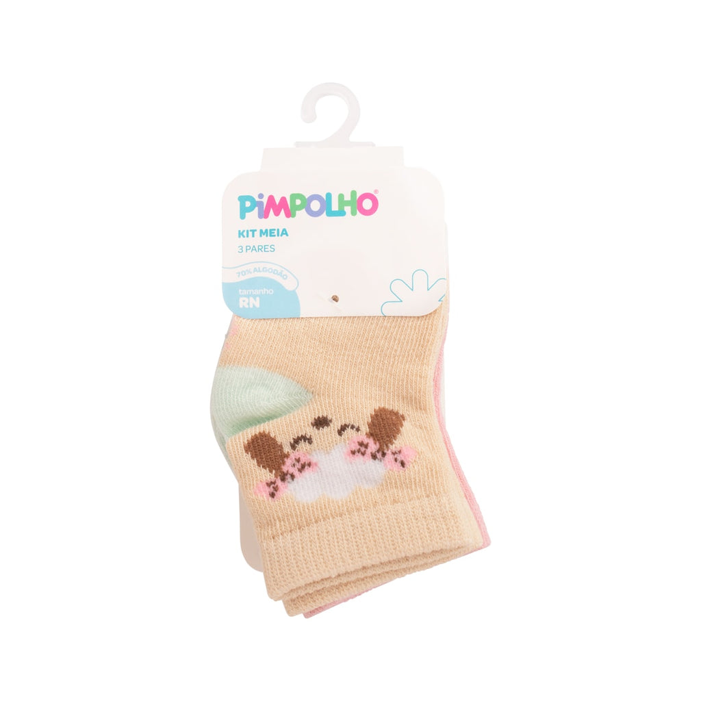 Kit 3 Pares Meia Cano Médio Bebê Menina RN Ovelha - Pimpolho