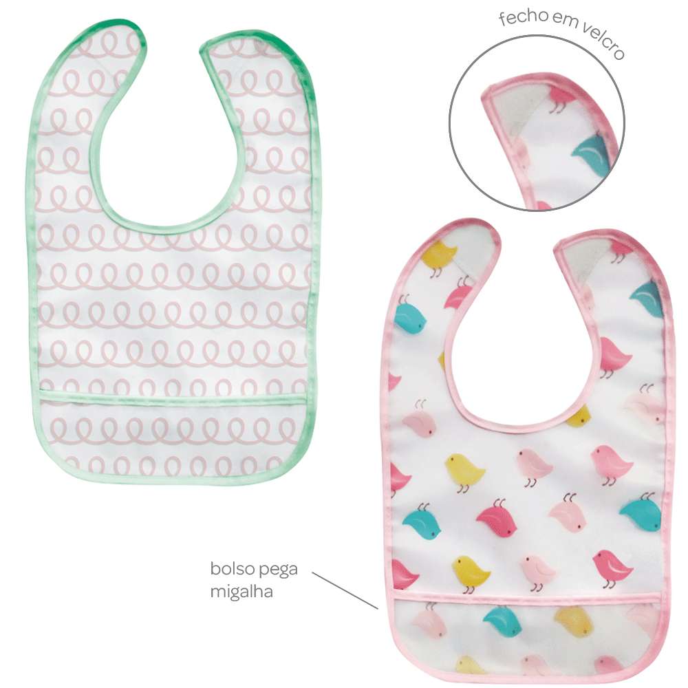 Kit 2 Babadores Com Bolso Pega Migalhas Passarinho (3+ Meses) - Buba