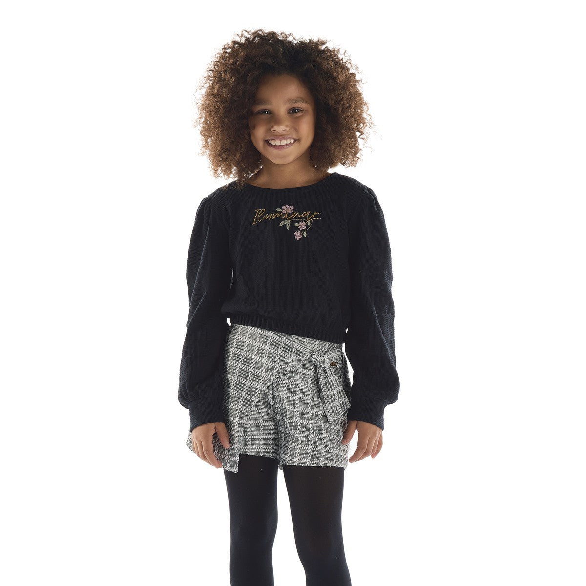 Conjunto Infantil Blusa Floral e Short Tweed - Kiki Xodó