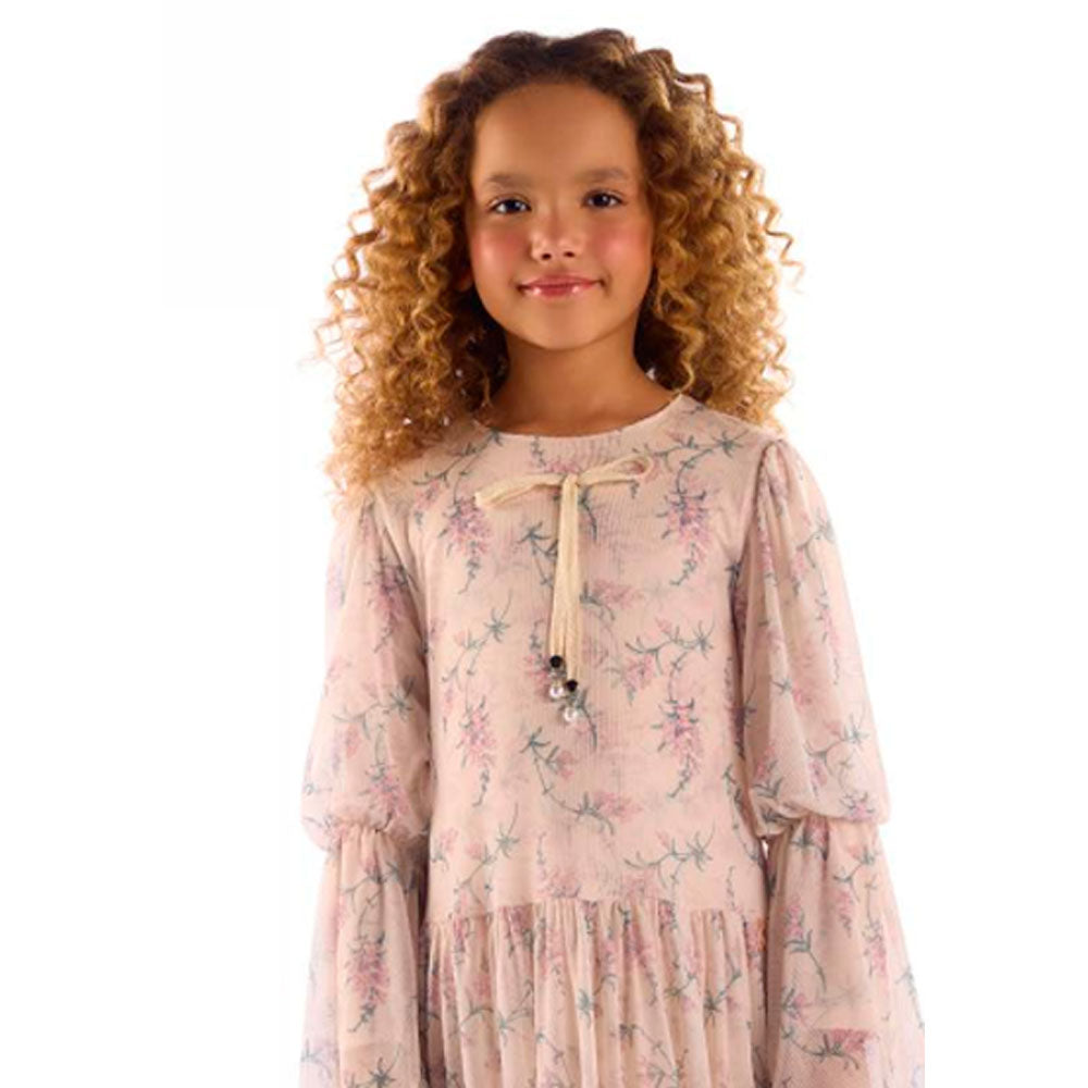 Vestido Infantil  Manga Longa Floral Tule - Kiki Xodó