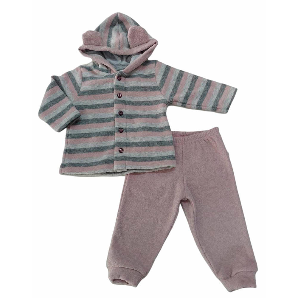 Conjunto Bebê Plush Buckle Listrado e Liso Rosa - Have Fun