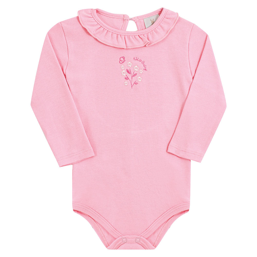 Body Manga Longa Bebê Menina Com Gola Flores - Kiko Baby