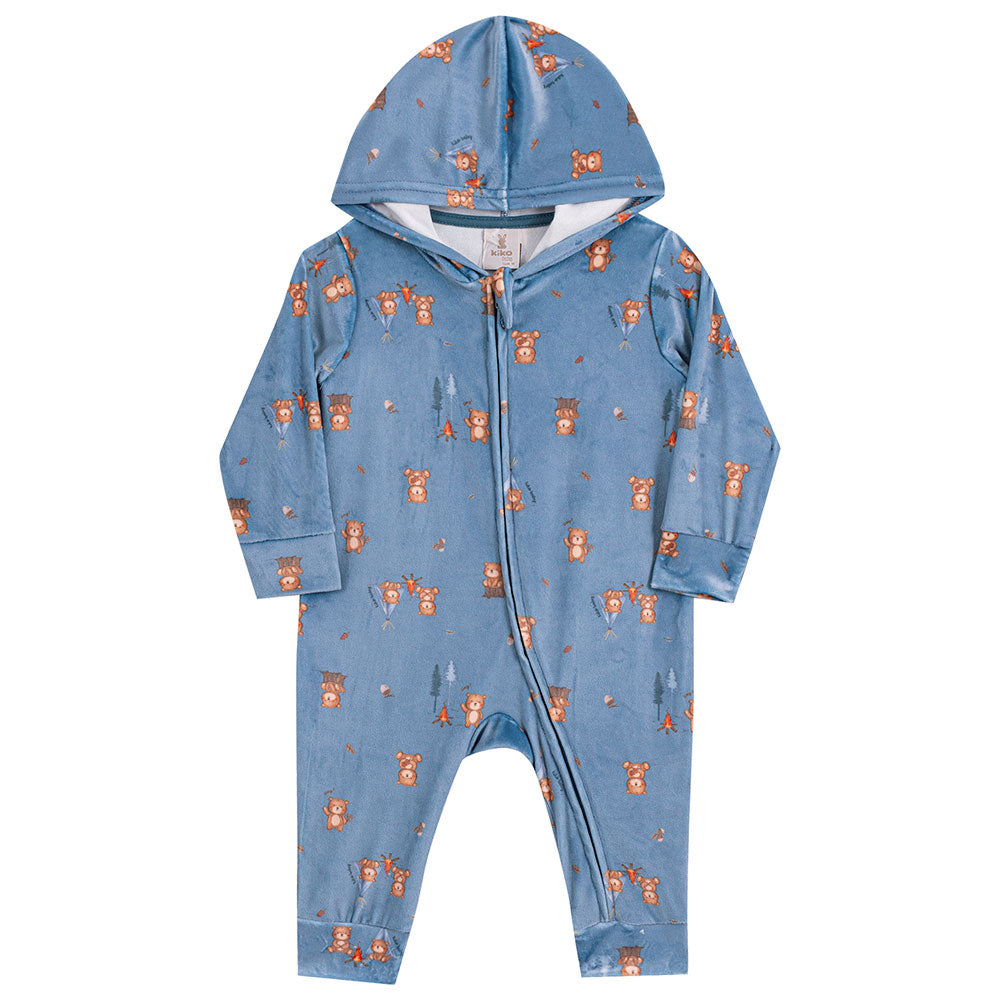 Macacão Bebê Menino em Plush Com Capuz Ursinhos - Kiko Baby