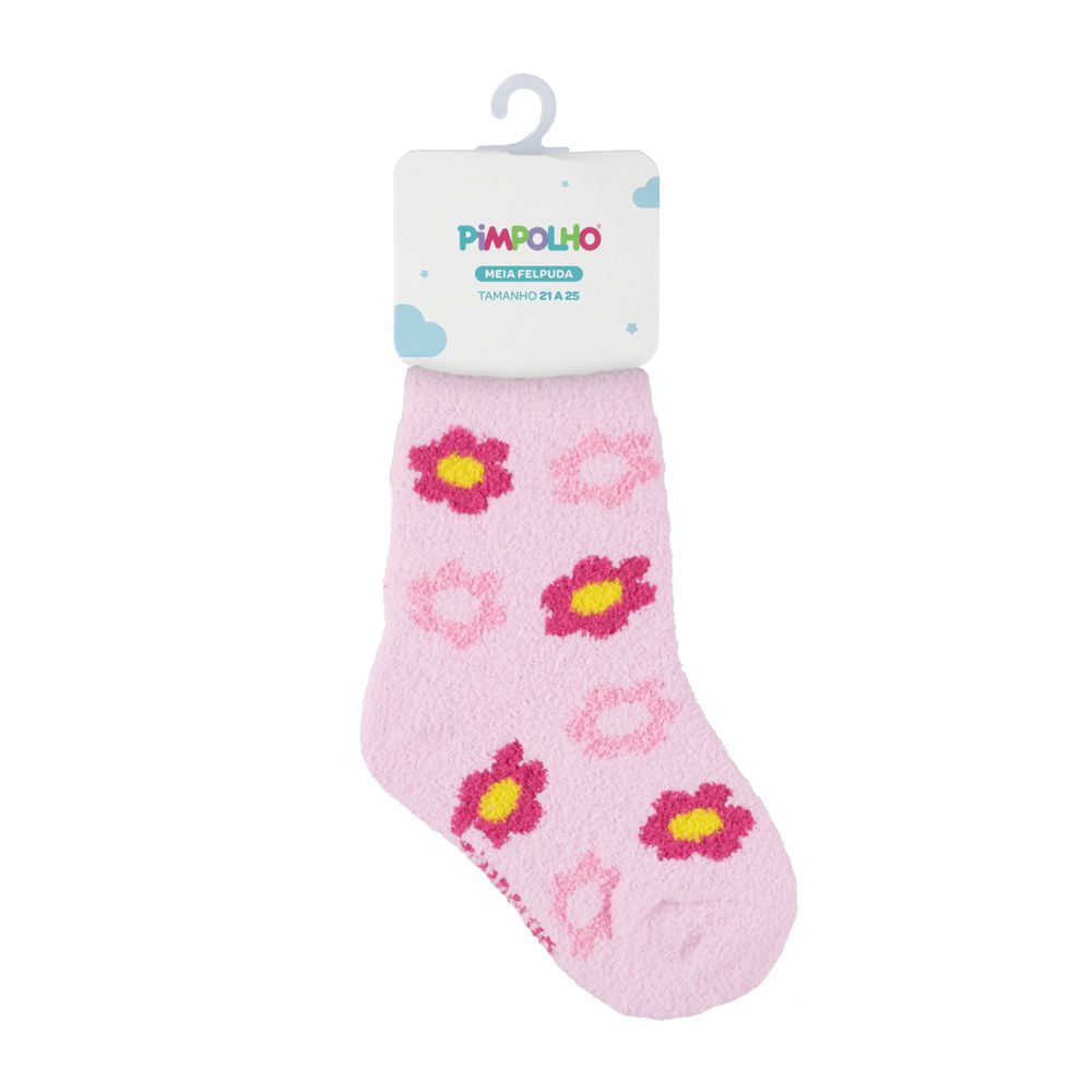 Meia Felpuda Bebê Menina 21-25 Rosa Flores - Pimpolho