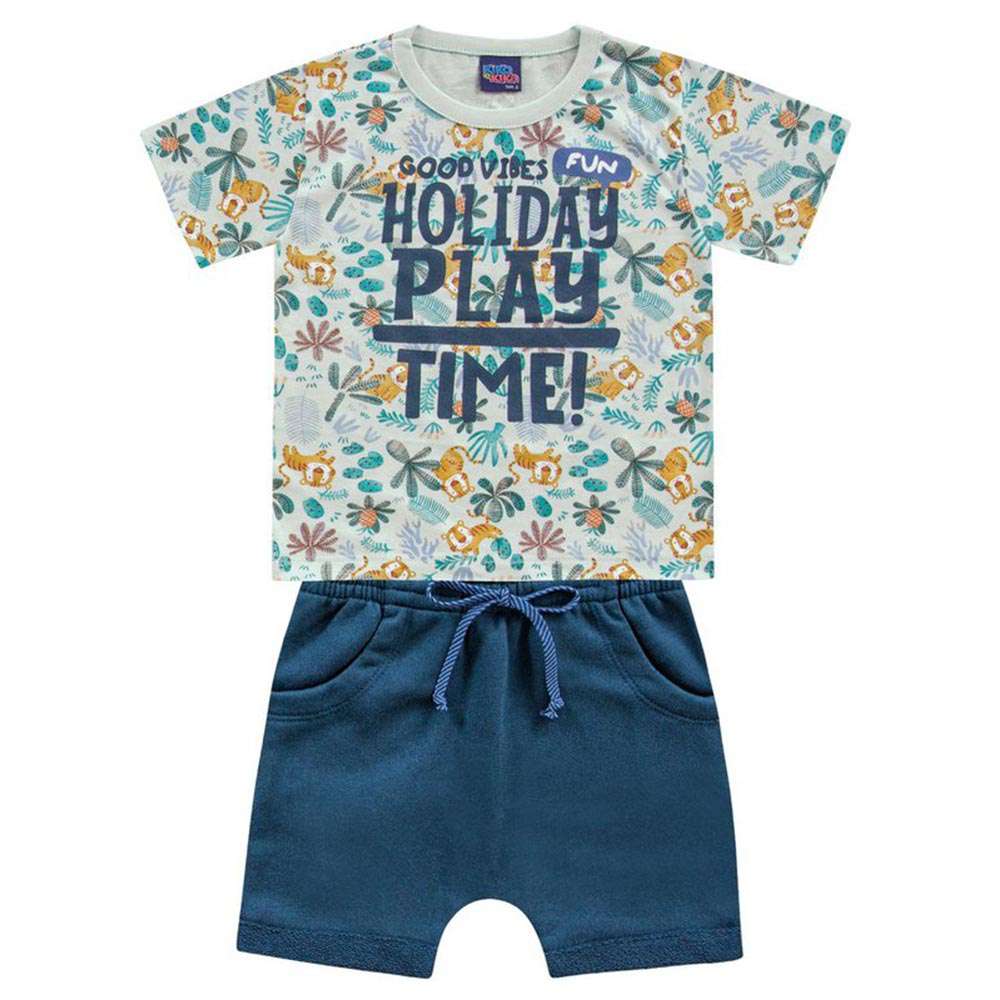 Conjunto Camiseta Meia Malha e Bermuda Moletom Azul - Kiko e Kika