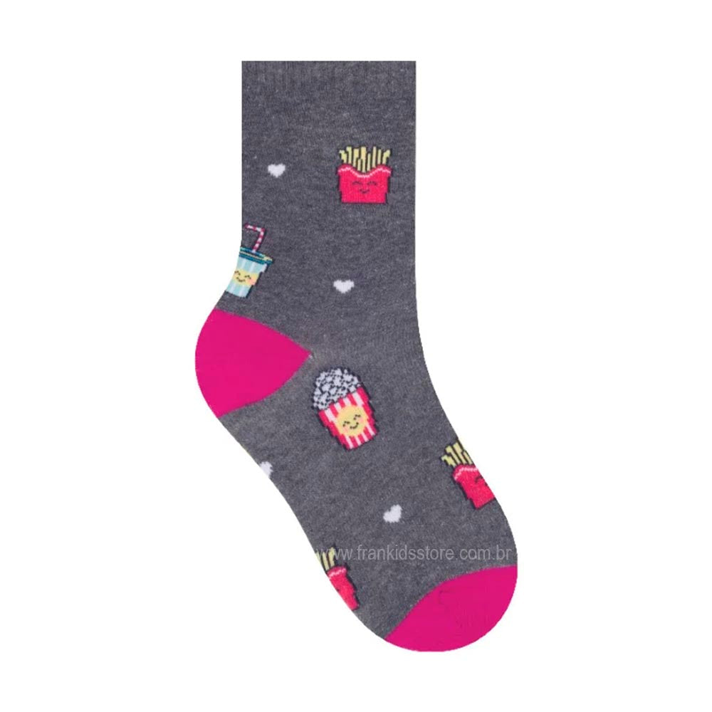 Meia Cano Médio Infantil Menina Cinza e Pink - Selene