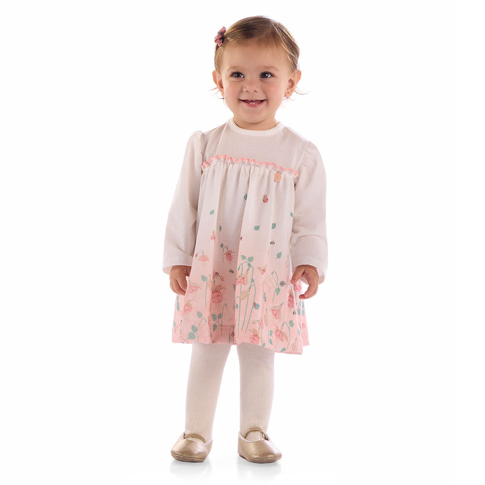 Vestido Bebê Manga Longa Floral Borboletas - Kiki Xodó