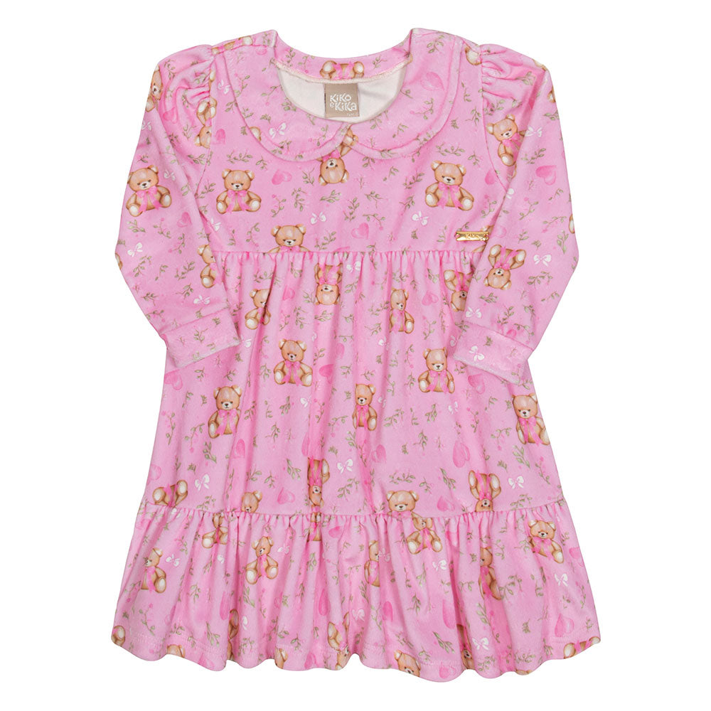 Vestido Bebê em Plush Com Gola Ursinhos - Kiko e Kika