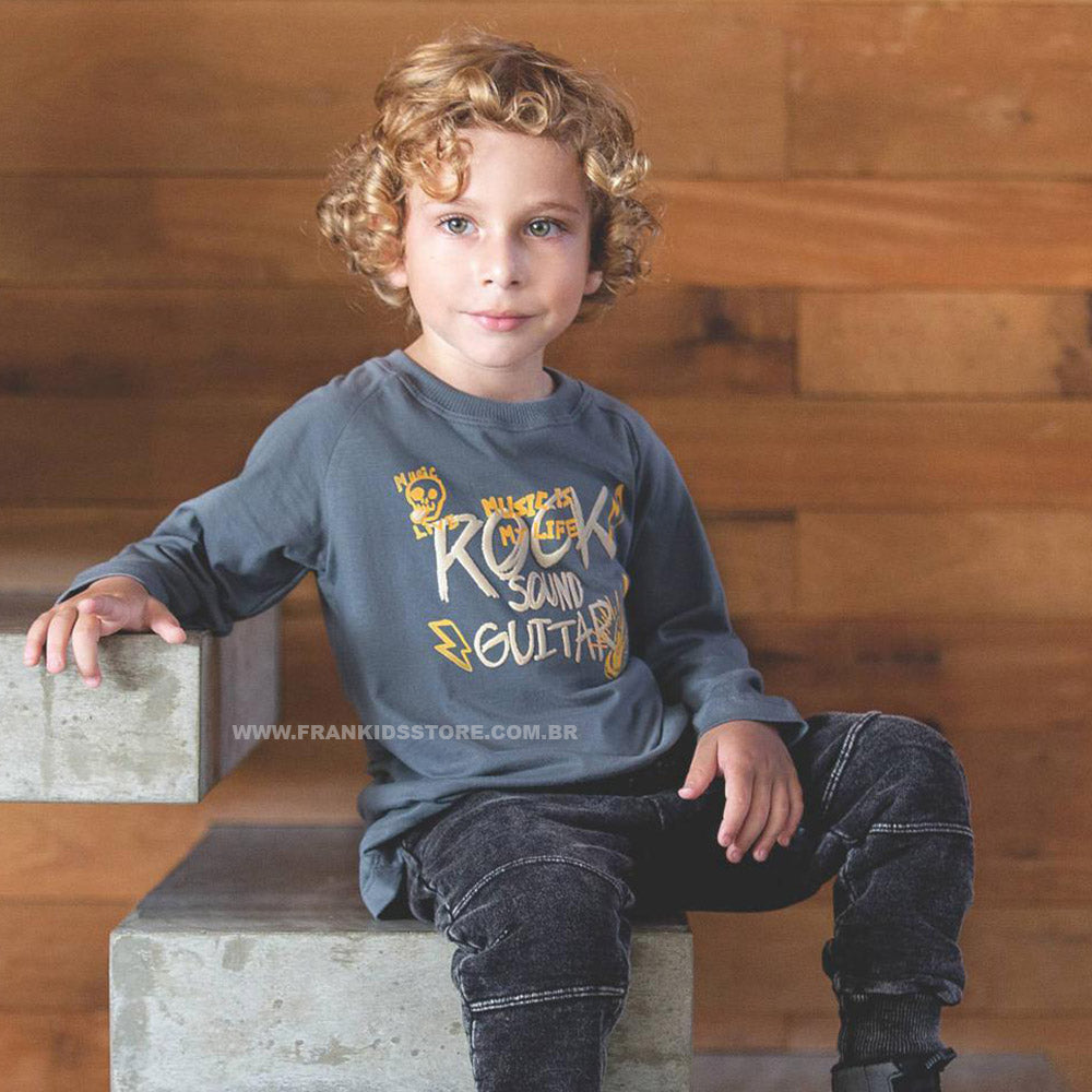 Camiseta Manga Longa Meia Malha Cinza Sound Guitar - Have Fun