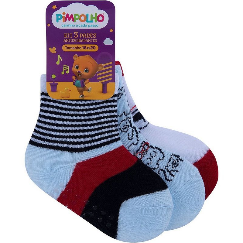 Kit 3 Pares Meia Antiderrapante Menino 16-20 Formas - Pimpolho
