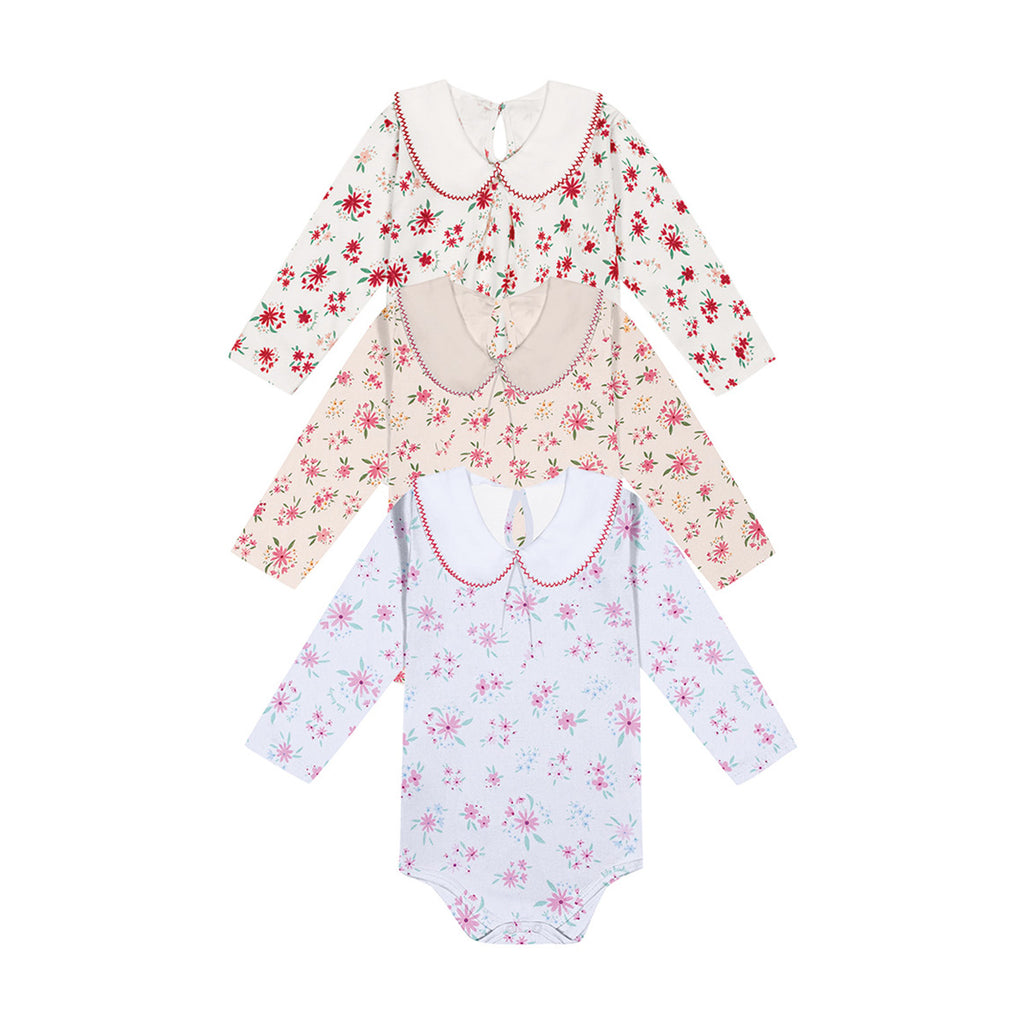 Body Manga Longa Bebê Menina Com Gola Flores - Kiko Baby