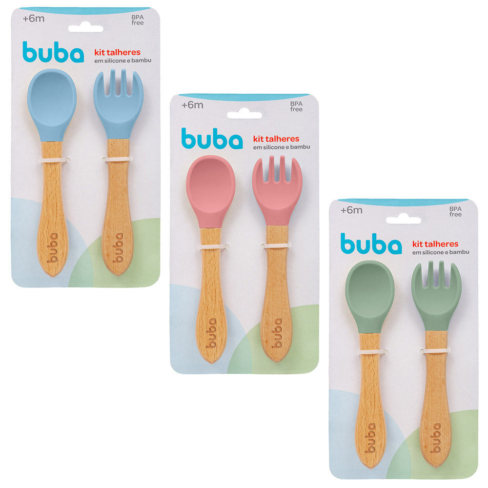 Kit Talher Infantil Colher Garfo Silicone e Bambu - Buba